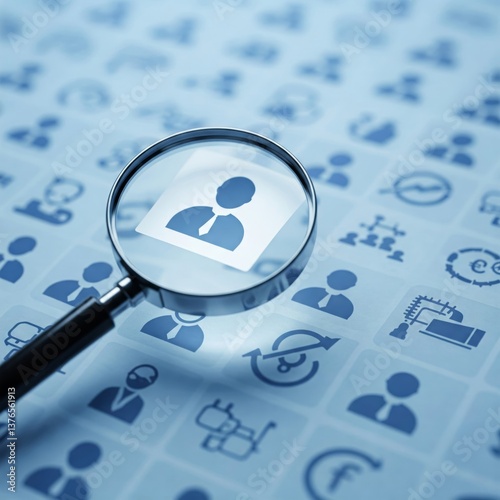 Wallpaper Mural Magnifying Glass Highlighting Business Profile Icon on Grid of Professional Symbols Representing Recruitment and Candidate Search
 Torontodigital.ca