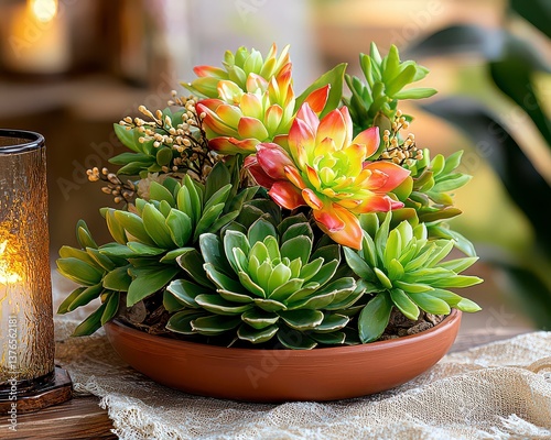 Elevate your home decor with this stunning arrangement of assorted succulents on a terra cotta plate, perfectly complemented by beige and brown textile accents Create a warm and inviting atmosphere