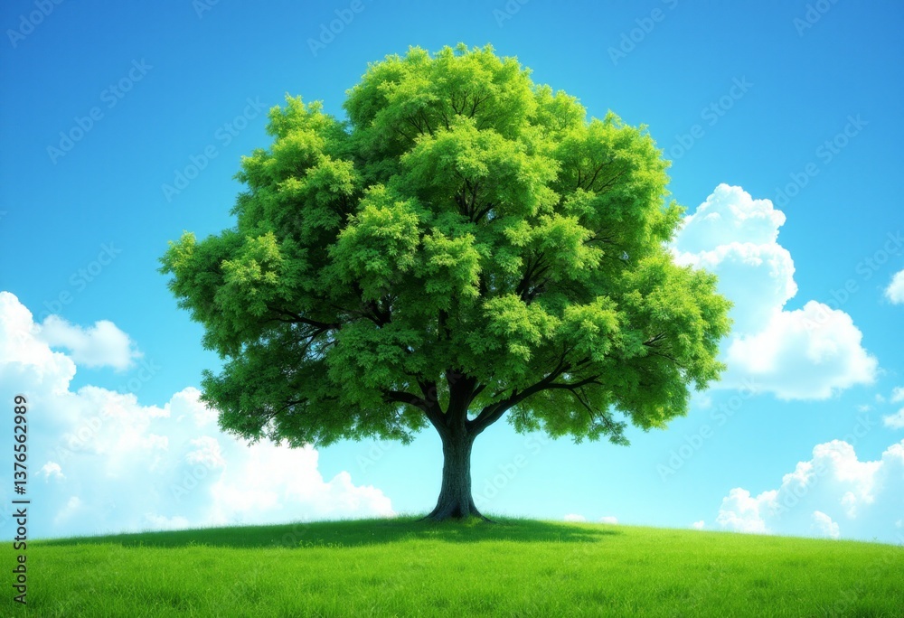 A lone tree in the middle of a grassy field under a blue sky