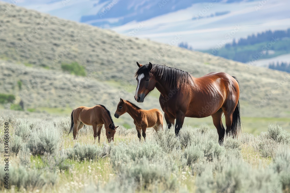 Fototapeta premium A family of horses standing together in a grassy field