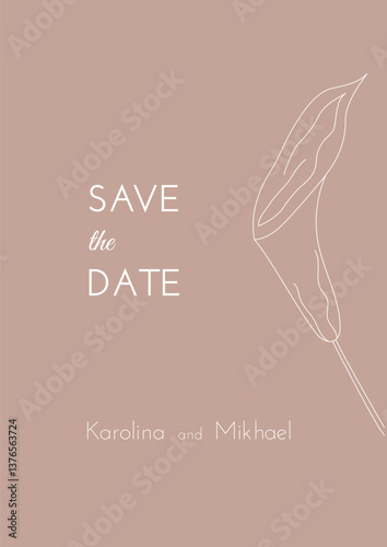 Minimal botanical wedding invitation card template. Mocha mousse beige floral design with flower calla in line art style. Editable vector illustration