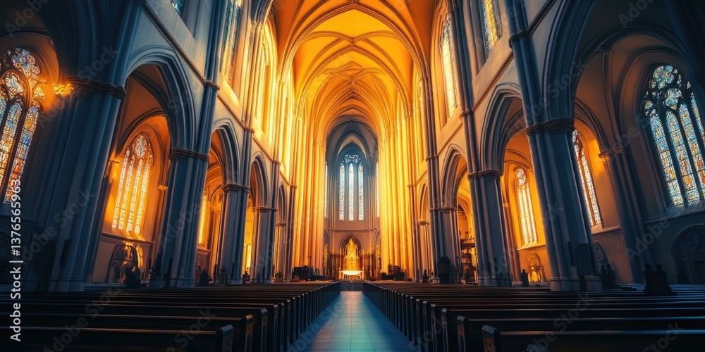 Church interior with pews and stained glass