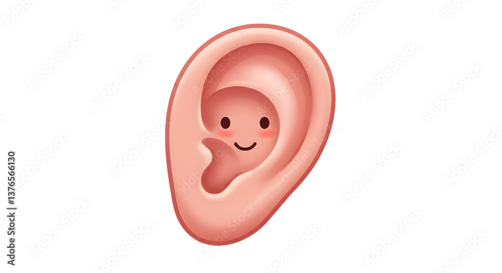 Fototapeta premium Cartoon Human Ear Illustration with a Smiling Face on a White Background