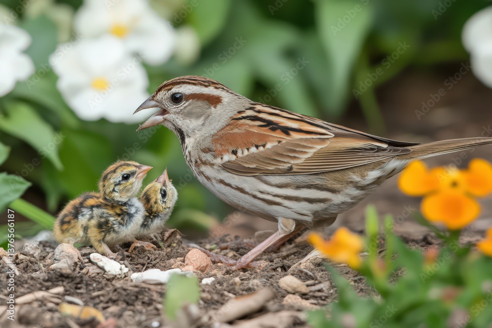 Fototapeta premium A bird with chicks standing near some colorful flowers