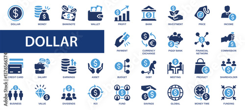 Dollar flat icons set. Currency, wallet, money, payment, earnings, bank, payment, piggy bank icons and more signs. Flat icon collection.