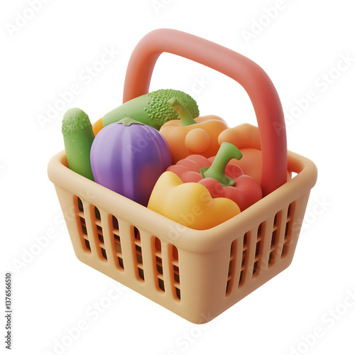 Pastel-Colored Vegetables in a 3D Rendered Shopping Basket