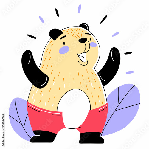 Playful Panda's Pose: Cheerful cartoon panda with open arms and a beaming smile exudes joy and positivity, ready to brighten your day with its adorable charm.