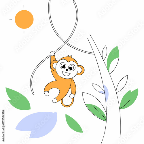 Joyful Monkey swinging on a vine. A cheerful cartoon monkey joyfully swinging on a vine, showcasing a vibrant orange hue against a simplified depiction of a tree and the sun, perfect for children.