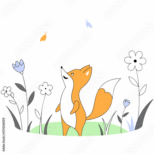 Whimsical Fox in the Garden: A delightful fox, its gaze fixed upwards, is captured in a charming garden scene filled with colorful flowers, embodying joy and playfulness.