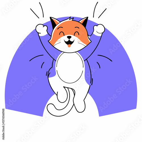 Cheering Cat: A cheerful cat leaps for joy, its expression radiating pure happiness against a colorful arc backdrop.This playful illustration embodies the spirit of celebration.