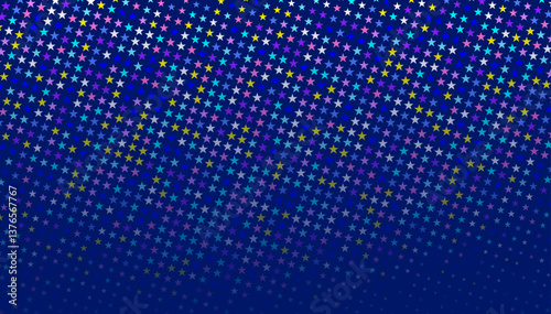 Colorful stars forming a diagonal pattern on a blue gradient background, fading out at the bottom.Abstract background.