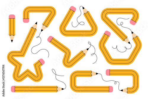 Set of  multiple yellow pencils bent into various geometric and abstract shapes