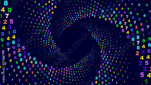 Colorful numbers swirling in a spiral pattern on a dark blue background. Abstract background.