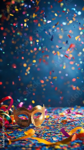 Colorful Confetti and a Sparkling Mask Create a Festive Atmosphere During a Celebration