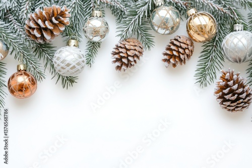 White Table Decorated with Pine Cones and Ornaments
