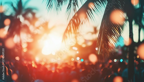 Vibrant Outdoor Music Festival In Brazil: Blurry Image Of Energetic Crowd Enjoying Performance In Sunlit Setting With Palm Trees.