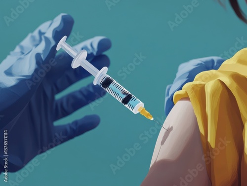 Person receiving vaccination in arm with yellow shirt while doctor wearing blue gloves holds needle