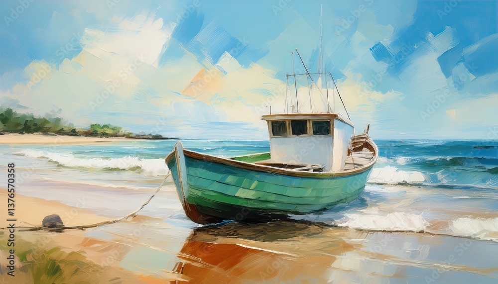 Fototapeta premium Tranquil Seaside With Anchored Boat