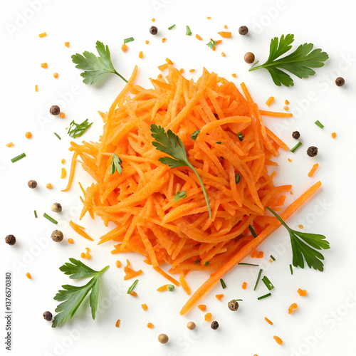 Heap of grated carrot on white background