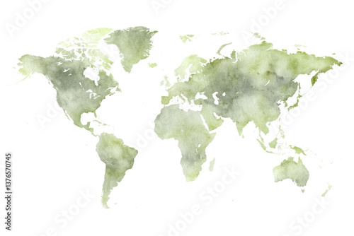World Map Watercolor - Art Decorative Vector Illustration of the World Map in Swamp Green Colors - Ideally for Interior Print