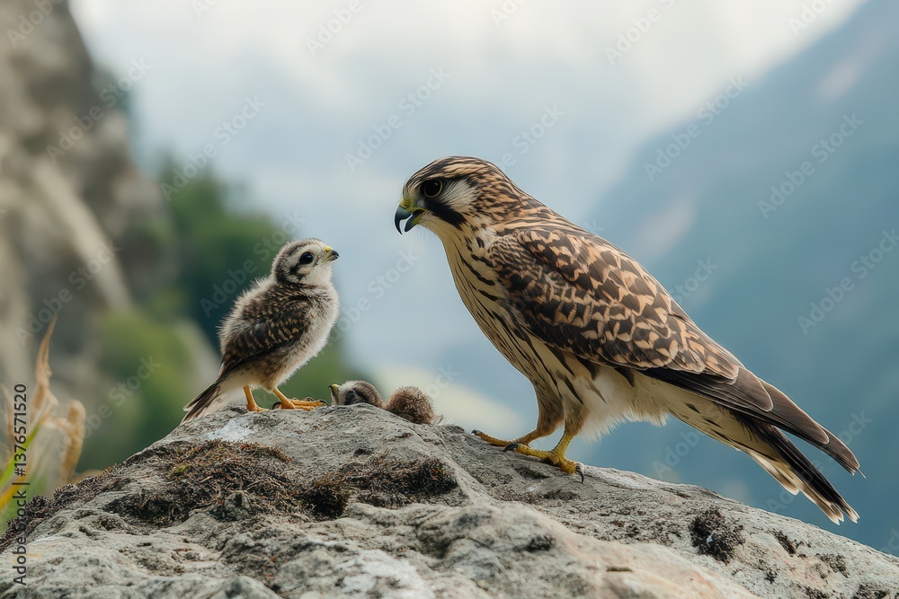 Fototapeta premium Mother falcon and chick perched on a large gray boulder