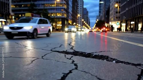 Urban City Street at Night: Cracked Pavement and Traffic Highlight Nighttime Cityscape and Road Safety Concerns