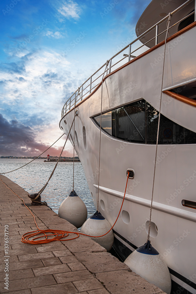A luxurious yacht docked at the pier, secured with mooring ropes and protected by large fenders, set against a stunning coastal sunset.