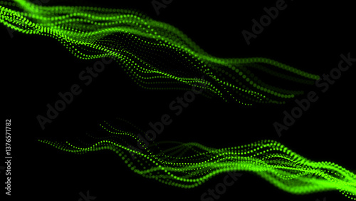 Abstract green waves on the dark background. The futuristic digital structure or network connection. Big data visualization. 3D rendering.