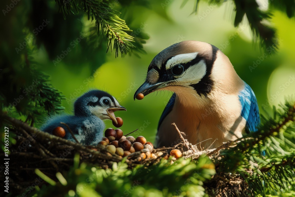 Obraz premium A bird feeding its chick in a nest among green branches