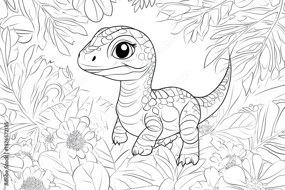 Fototapeta premium Adorable Baby Dino Coloring Sheet. Playful Tyrannosaur Surrounded by Whimsical Floral Elements