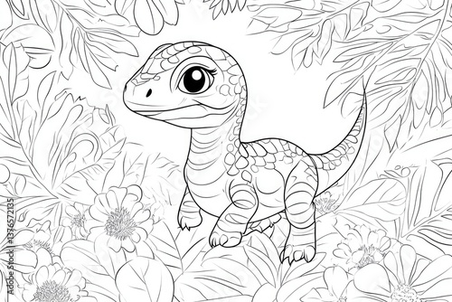 Wallpaper Mural Adorable Baby Dino Coloring Sheet. Playful Tyrannosaur Surrounded by Whimsical Floral Elements Torontodigital.ca