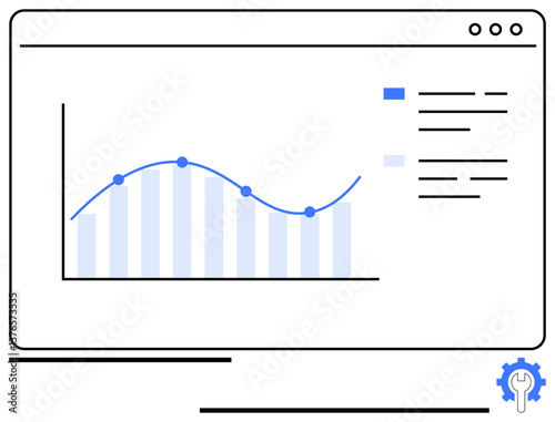 Line graph with data points, bar chart, legends within browser window. Customization gear icon. Ideal for analytics, statistics, trends, data science business technology web design. Flat simple