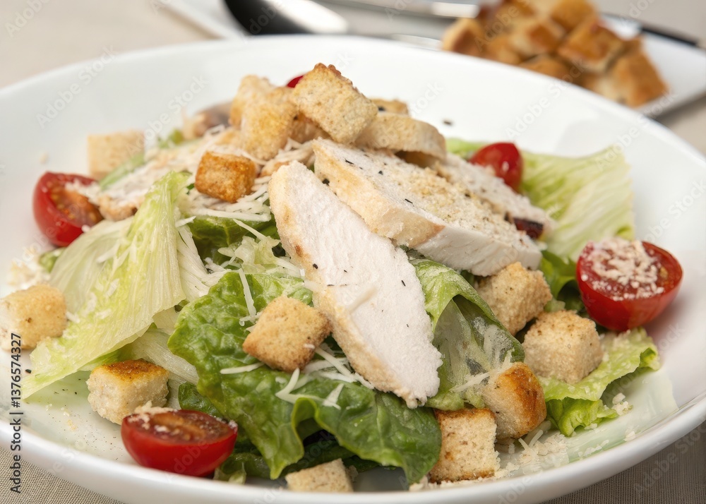  Chicken salad on white plate with tomatoes and croutons. 