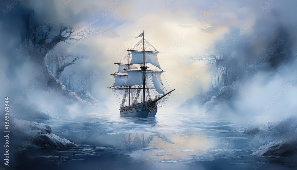 Fototapeta premium Phantom Ship With Glowing White Sails