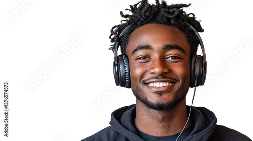 Young African-American man with a radiant, warm smile wearing headphones while listening to music on a solid white background, room for copy