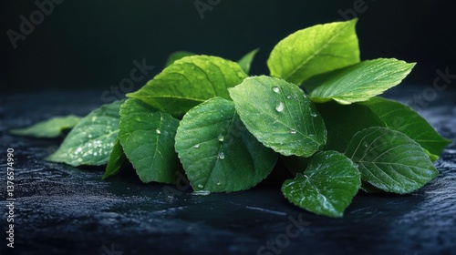Green Leaves on Black Surface