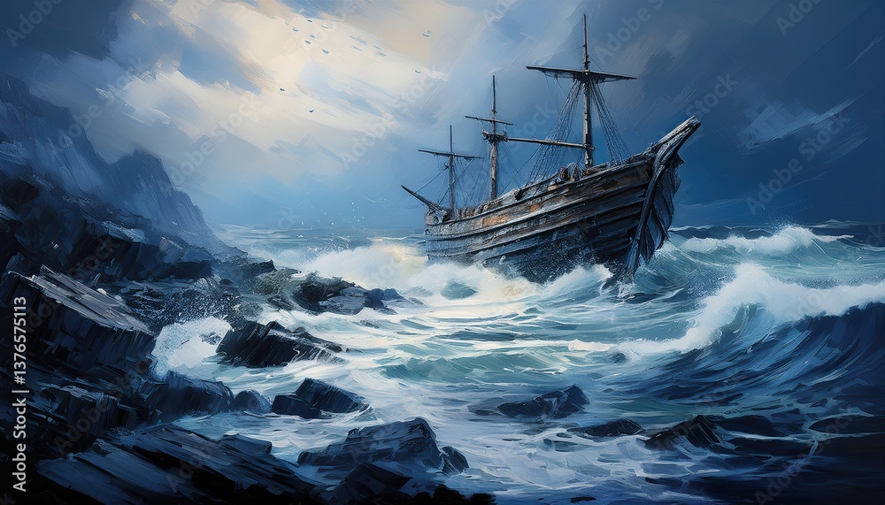 Obraz premium Shipwrecked Vessel Amid Raging Blue Waves