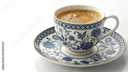 Antique porcelain teacup with blue floral pattern, ornate saucer & frothy coffee. Dutch Delftware style, intricate ceramic details, soft-lit close-up on cream background, elegant baroque craftsmanship