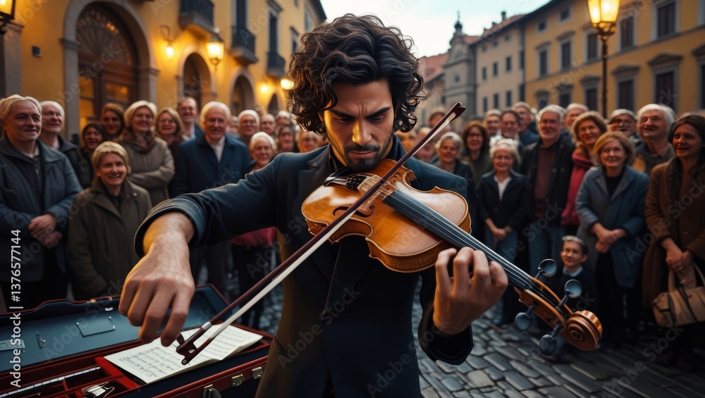 Fototapeta premium a street musician passionately playing the violin, surrounded by a captivated crowd in an evening-lit European square.