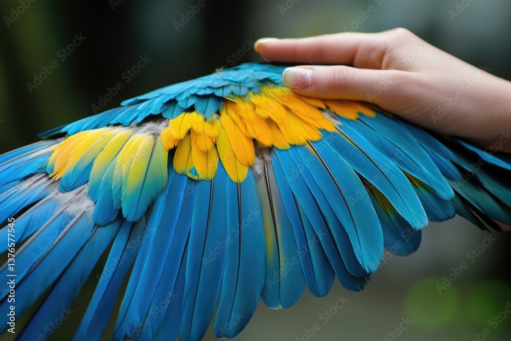 Obraz premium Vibrant Papagei with Bright Blue and Yellow Feathers, Showcasing Colorful Plumage and Dynamic Wings