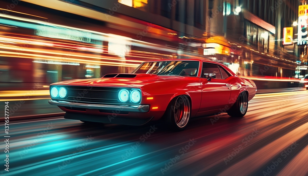 Front Angle View Of An Unbranded Red American Muscle Car Speeding Down A City Street With Motion Blur Speed Light Effects. Rendering. Front Angle View Of An Unbranded Red American Muscle Car Speeding Down A City Street With Motion Blur Speed Light Effects. Rendering.