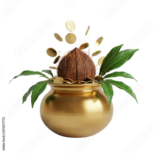 Akshaya Tritiya, dhanteras, Golden pot with coconut and coins, isolated on transparent background