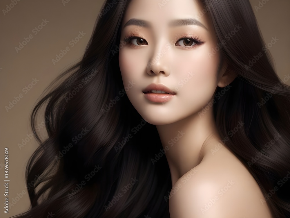 Obraz premium Focus on Silky, Wavy Dark Hair with Minimalist Beige Background