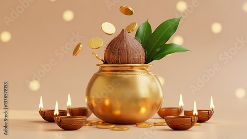 Golden pot and coins with festive coconut and diyas: Celebrating Akshaya Tritiya, Dhanteras, and festive traditions