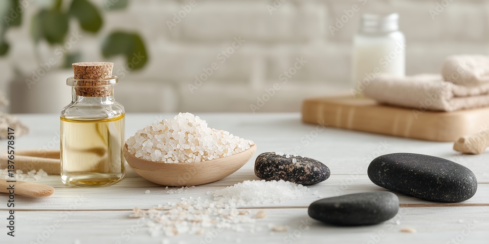 Natural spa arrangement with aromatic oils, bath salts, and smooth stones on a wooden surface in a serene setting Natural spa arrangement with aromatic oils, bath salts, and smooth stones on a wooden surface in a serene setting