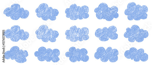 Set of hand drawn crayon clouds in grunge chalk style. Kids crayon clouds with pencil texture. Kids pastel drawings and sketch elements.
