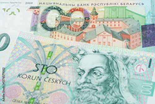 Wallpaper Mural 100 Belarusian ruble and 100 Czech crown banknotes. International trade concept Torontodigital.ca