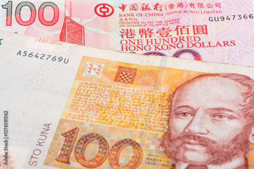 Fototapeta Naklejka Na Ścianę i Meble -  100 Hong Kong dollars and 100 Croatian kuna banknotes. International trade concept