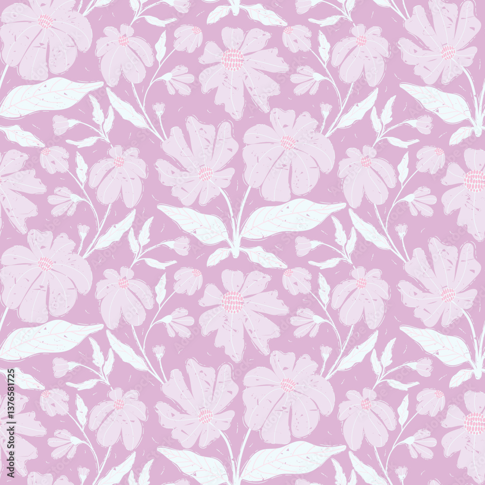 Fototapeta premium Hand drawn seamless floral block print pattern in soft pink and purple colors for textile, fabric