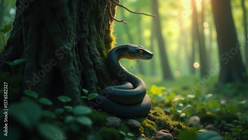 A large serpent winds through forest canopy, perched high in a tree, acting as a guardian or observer of the woodland realm.